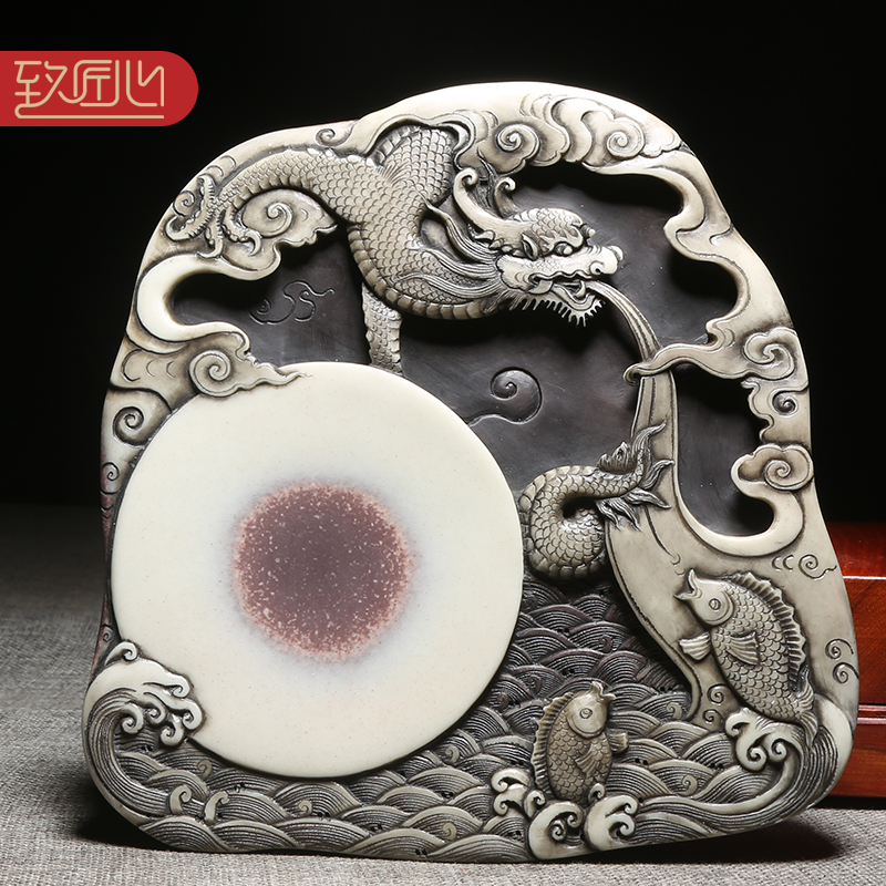 徽州歙砚大师柯崇砚台作品《蛟龙戏水》天然原石紫袍玉带玉石手工砚台紫袍玉黛端砚四大名砚高档收藏配木盒