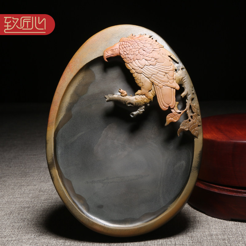 匠心非遗歙砚大师作品《大展鸿图》天然原石砚台老坑金晕砚石名师精手工雕刻高档收藏安徽歙砚老坑配木盒证书