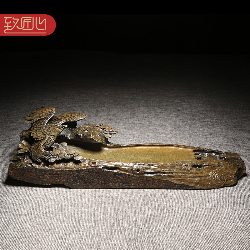 匠心名师作品《大鹏展翅》老坑砚台天然龙尾山原石精手工雕刻 歙砚老坑黄鱼籽送礼办公室摆件送领导