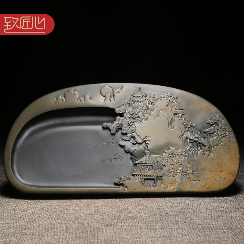 匠心非遗歙砚许亚祥大师作品 紫气东来天然原石砚台老坑金晕砚石精手工雕刻成型收藏石头砚台安徽歙砚 高档