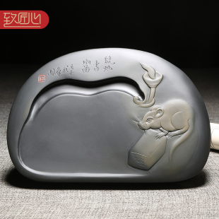 匠心非遗名师名砚《鼠烛书函图》安徽砚台高档文房四宝天然原石老坑金晕籽料歙砚送礼佳品巧雕自然韵味