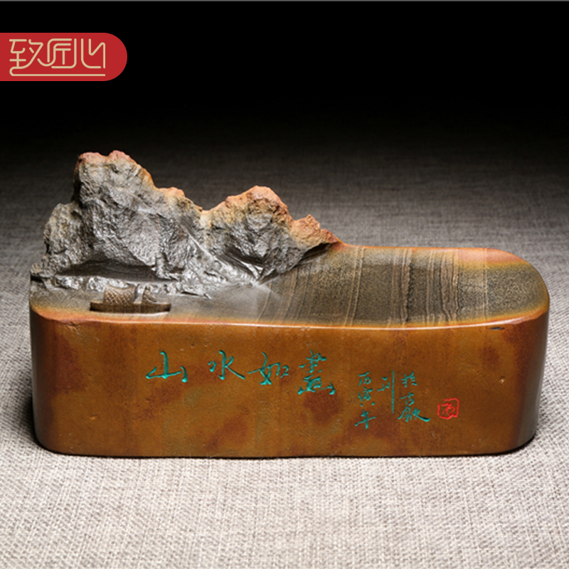 名师名砚/匠心非遗歙砚大师作品/山水如画/手工立体浮雕老坑金晕籽料砚台文房办公室高档摆件送礼佳品收藏