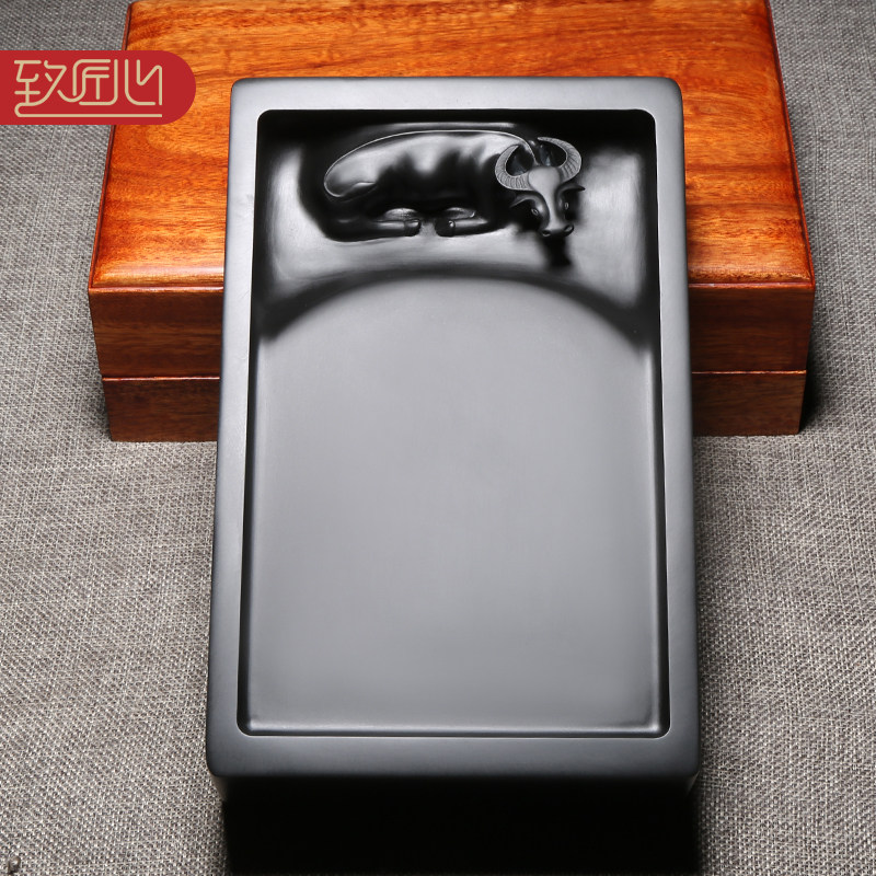 名师原创设计雕刻作品《牛转乾坤》天然原石手工老坑黑龙尾籽料砚台安徽书法绘画文房摆件高档收藏送礼