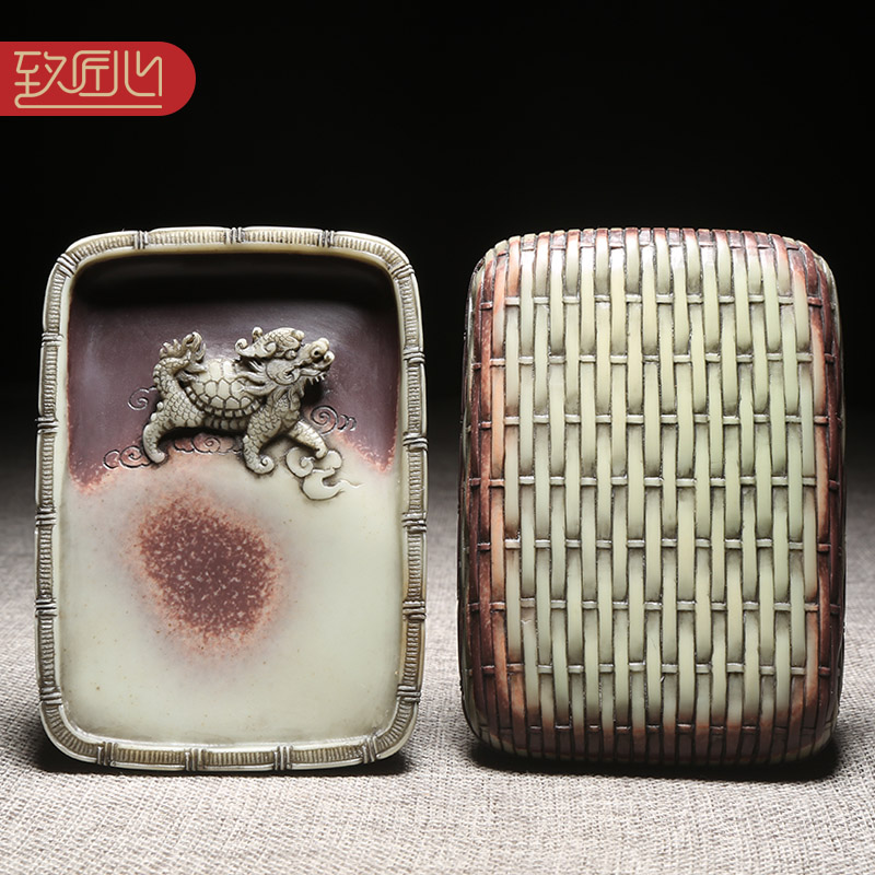徽州歙砚大师柯崇砚台作品《龙龟献瑞》天然原石紫袍玉带玉石砚台紫袍玉黛带盖精手工满工四大名砚高档收藏