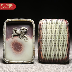 徽州歙砚大师柯崇砚台作品《龙龟献瑞》天然原石紫袍玉带玉石砚台紫袍玉黛带盖精手工满工四大名砚高档收藏