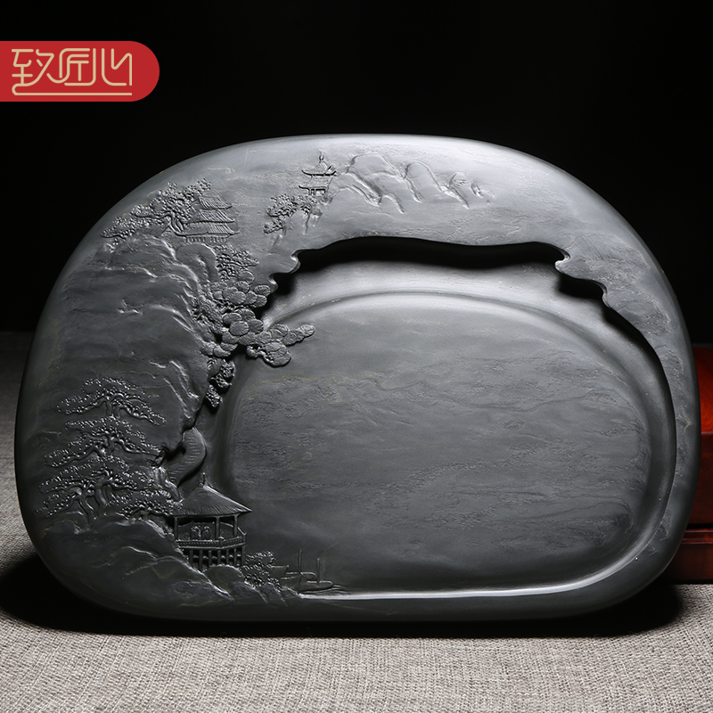 匠心非遗歙砚许亚祥大师作品《湖光山色》天然原石砚台老坑眉纹砚石精手工雕刻收藏老坑砚台安徽歙砚 高档