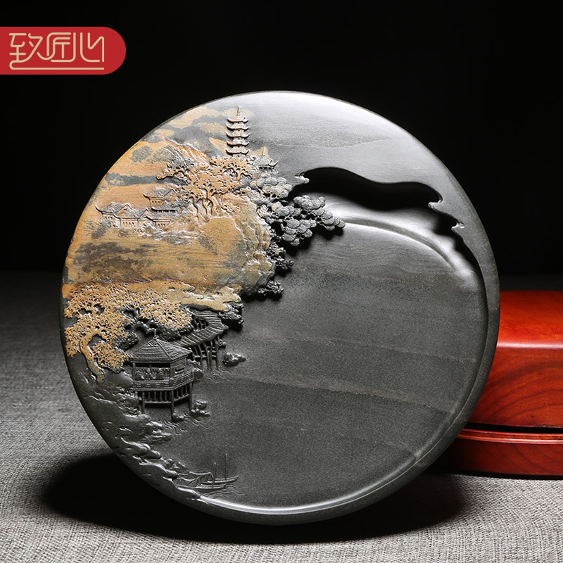 匠心非遗传人名师作品《枫林尽染秋意浓》天然原石歙砚老坑金晕籽料 歙县高档砚台山水端砚收藏送礼