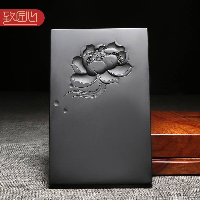 匠心非遗歙砚名师作品《莲》创意长方形砚台龙尾山天然原石老坑黑龙尾砚台高档次摆件收藏送礼佳品小楷实用