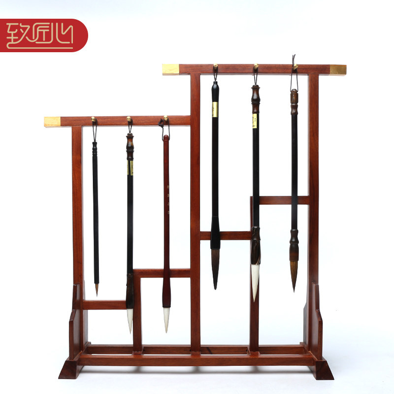 新中式步步高升节节高红木一体式毛笔架铜针精品实木质酸枝木毛笔架子笔挂笔搁文房书法用品文房摆件