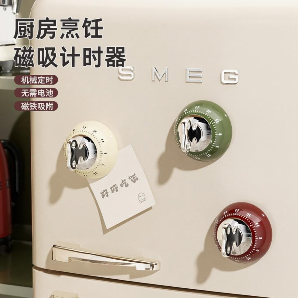 厨房磁吸机械计时器复古冰箱贴定时器无需电池烹饪倒计时提醒器&nbsp;