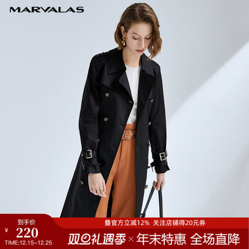 曼德诗黑色风衣2021年长款过膝