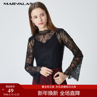 曼德诗设计感衬衫女2025夏新款小众蕾丝镂空上衣叠穿黑色薄款衬衣