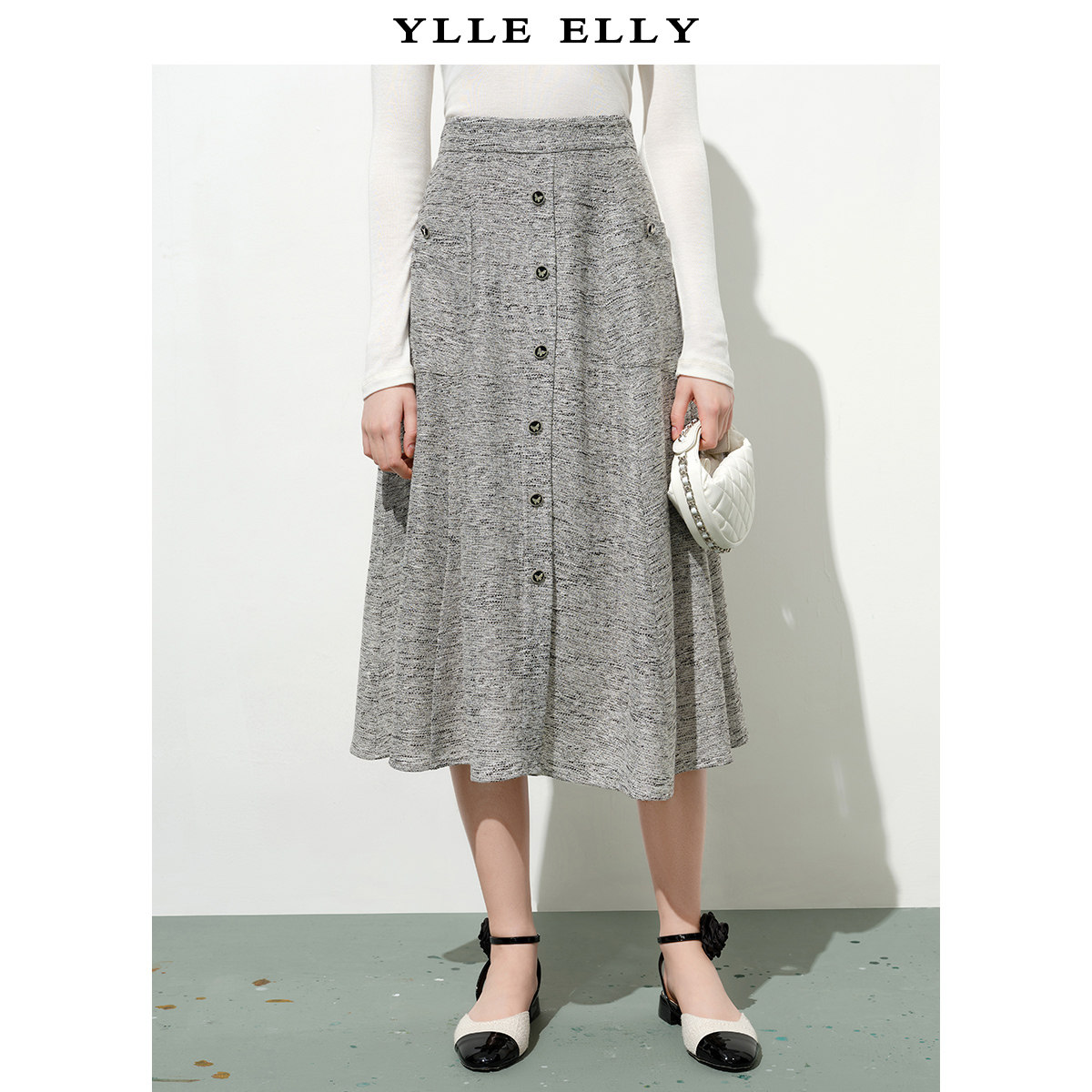YLLE ELLY/衣衫妙影小香风半身裙2025夏季新款棉亚麻针织A摆长裙