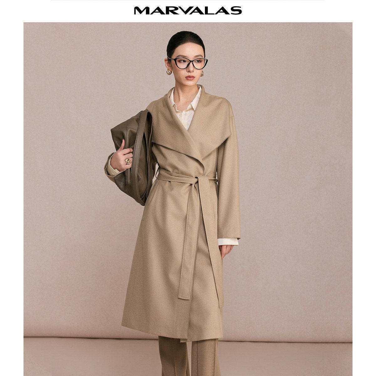 曼德诗中长款呢子大衣2026春季新品纯色大翻领系带绵羊毛呢外套