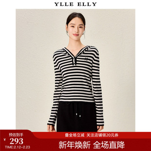 YLLE ELLY/衣衫妙影连帽针织衫冬季新款黑白条纹绵羊毛混纺套头衫