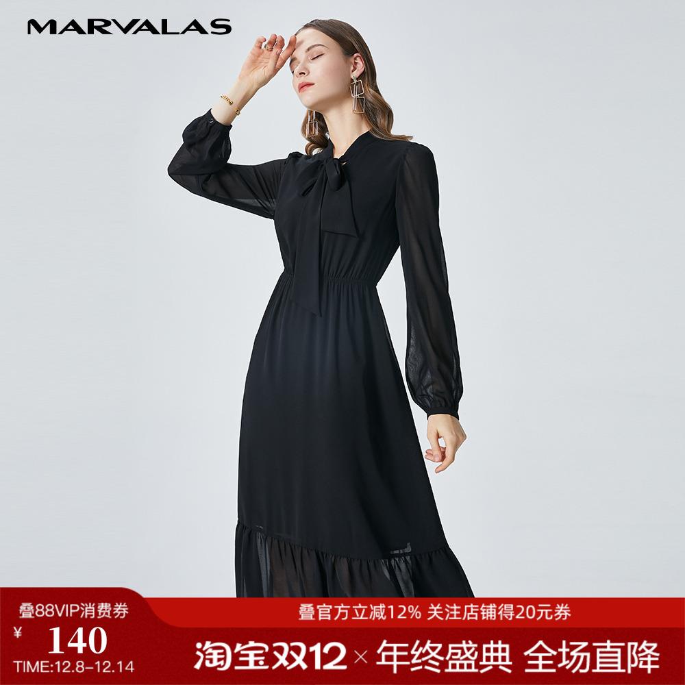 曼德诗连衣裙女夏装2025新款黑色收腰显瘦气质V领雪纺裙子中长款