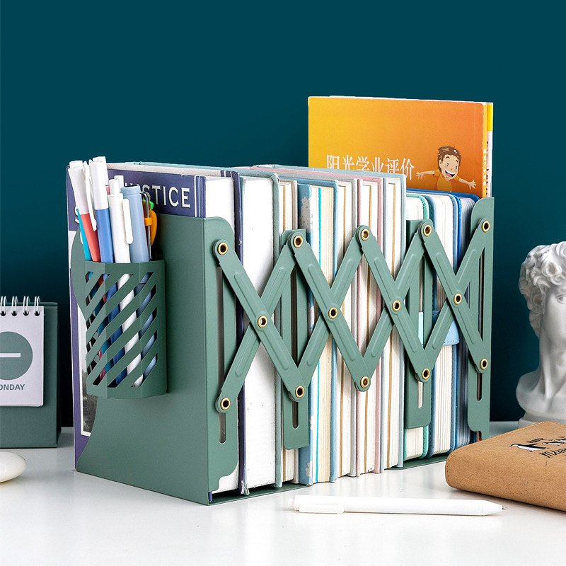 可伸缩书立架带笔筒创意ins学生用金属书架书靠桌上书本收纳架挡板
