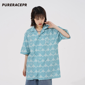 PURERACE PR 夏款满印爱心衬衫短袖男情侣女印花休闲宽松显白