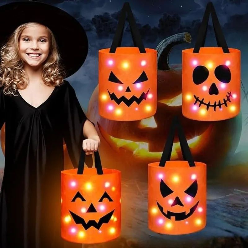 1-20PCS Halloween Pumpkin Tote Bag LED Light Up Handle Reusa