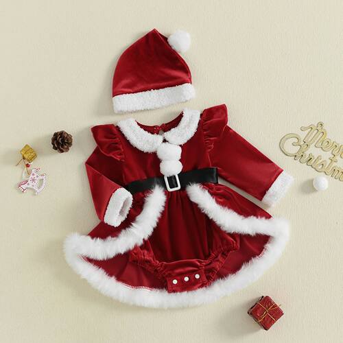 VISgogo Baby Girls Christmas Romper Dress Plush Patchwork Lo