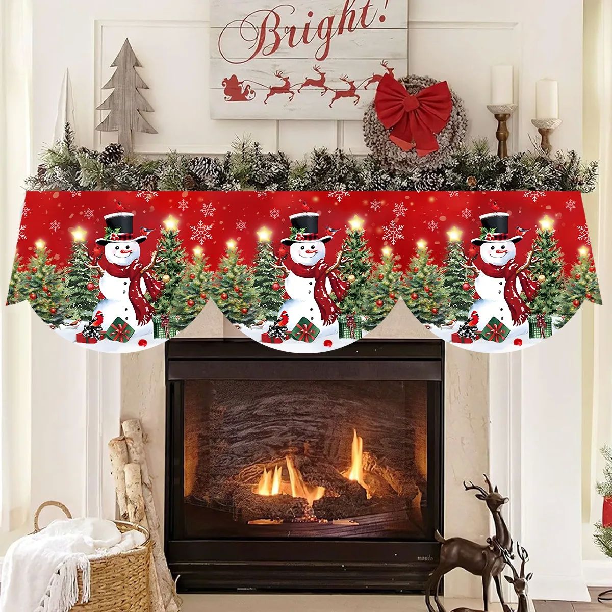 Red Christmas Fireplace Mantel Scarf Table Cover Xmas Orname