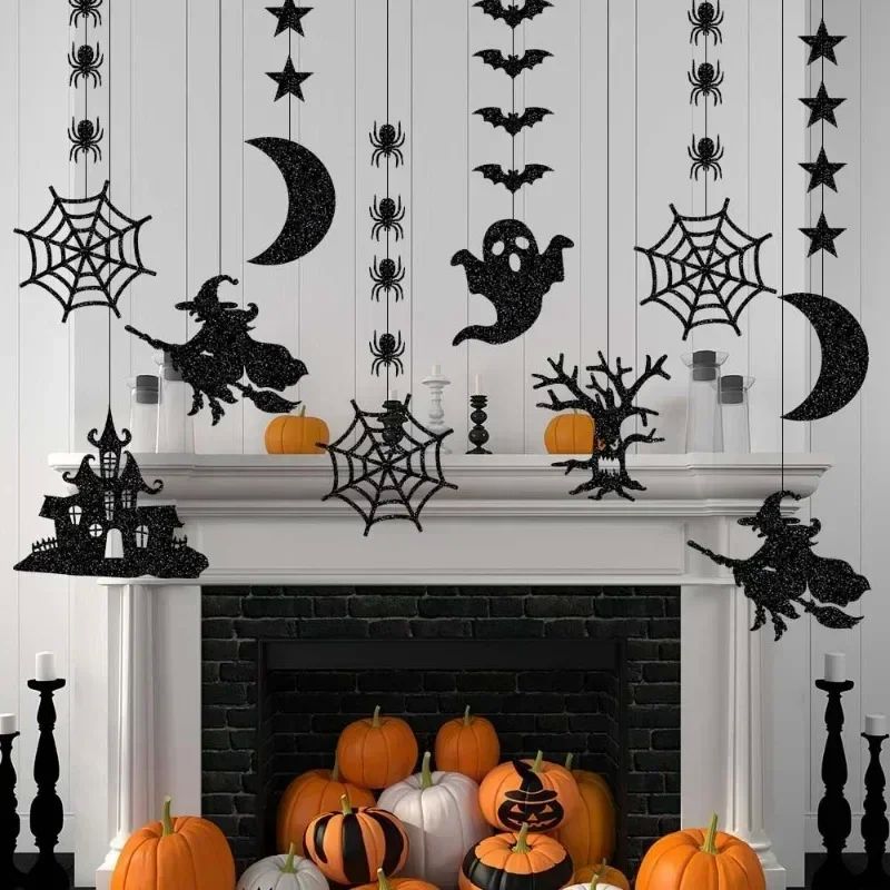 6pcs Halloween Hanging Banner Garland Scary Spider Witch Gho