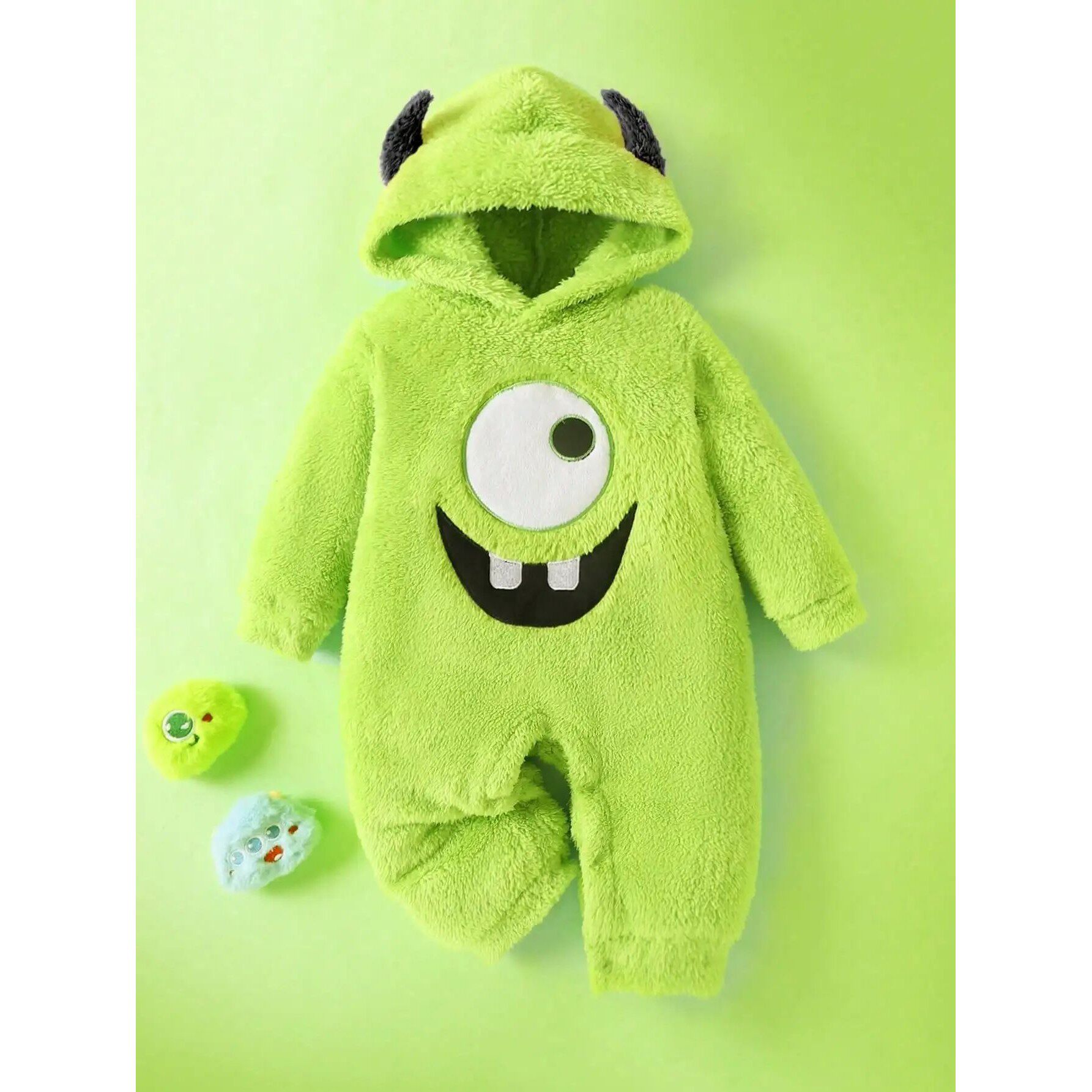 Baby boy monster embroidered demon ear hat plush jumpsuit