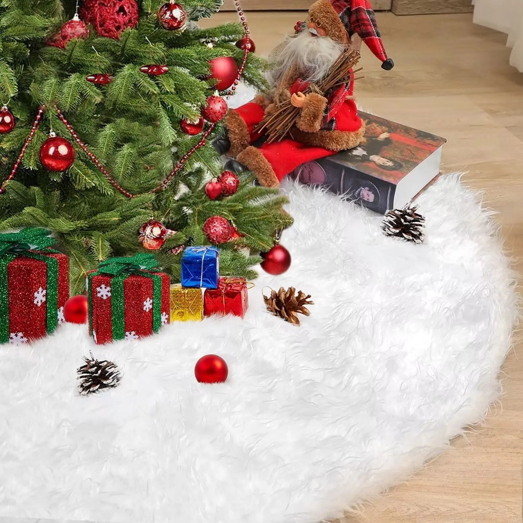 75CM Plush Christmas Tree Skirt Mat White Snowflakes Faux Fu