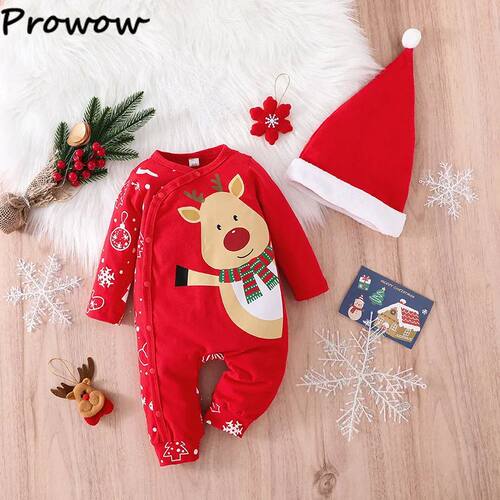 Prowow Baby Christmas Clothes Cartoon Pattern Green Romper X