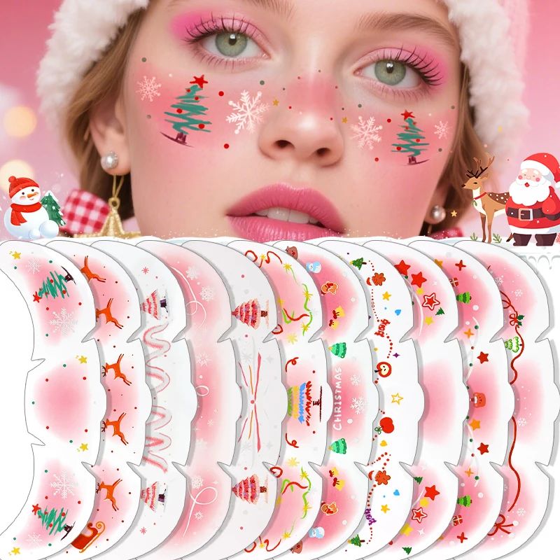 14pcs Pink Christmas Face Tattoo Stickers Snowflakes Deer St