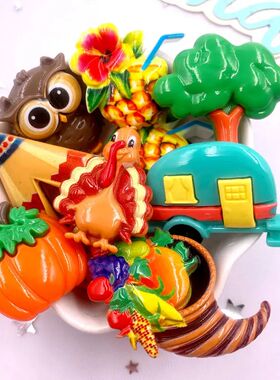 9Pcs Resin Colorful Car Turkeys  Grass House Pumpkin Fruit D