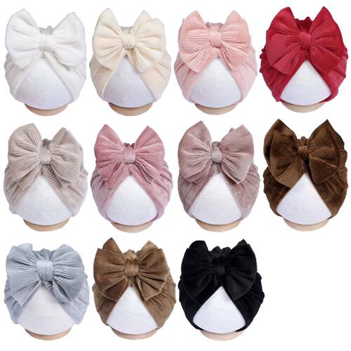 3pcs Autumn Soft Corduroy Bow Beanie Baby Strips Hat Kid Out