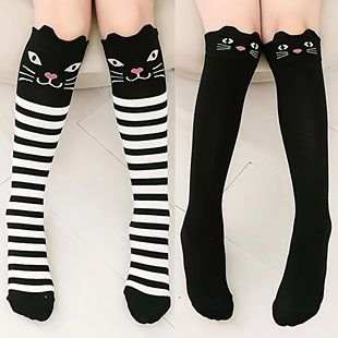 2 Pairs of Cute Little Cat Striped Knee-High Socks for Girls