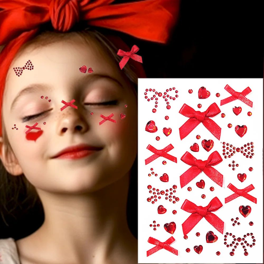 1/2Pcs Red Ribbon Christmas Face Tattoo Stickers with 3D Lov