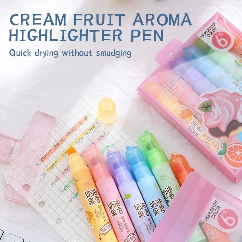 6 Colors Highlighter Markers Creamy Fruity Aroma Highlighter