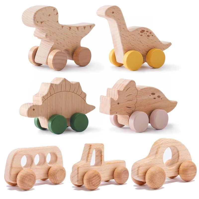 Dinosaur Cartoon Car Montessori Wooden Teether Toy for Infan图片