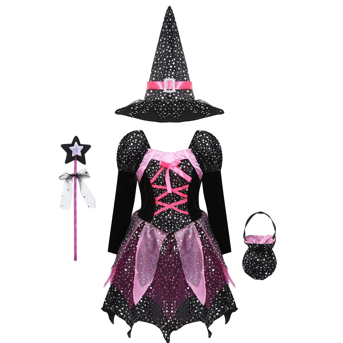 4 Pieces Witch Clothing Set Dress+Hat+Wand+Bag Girls Hallowe