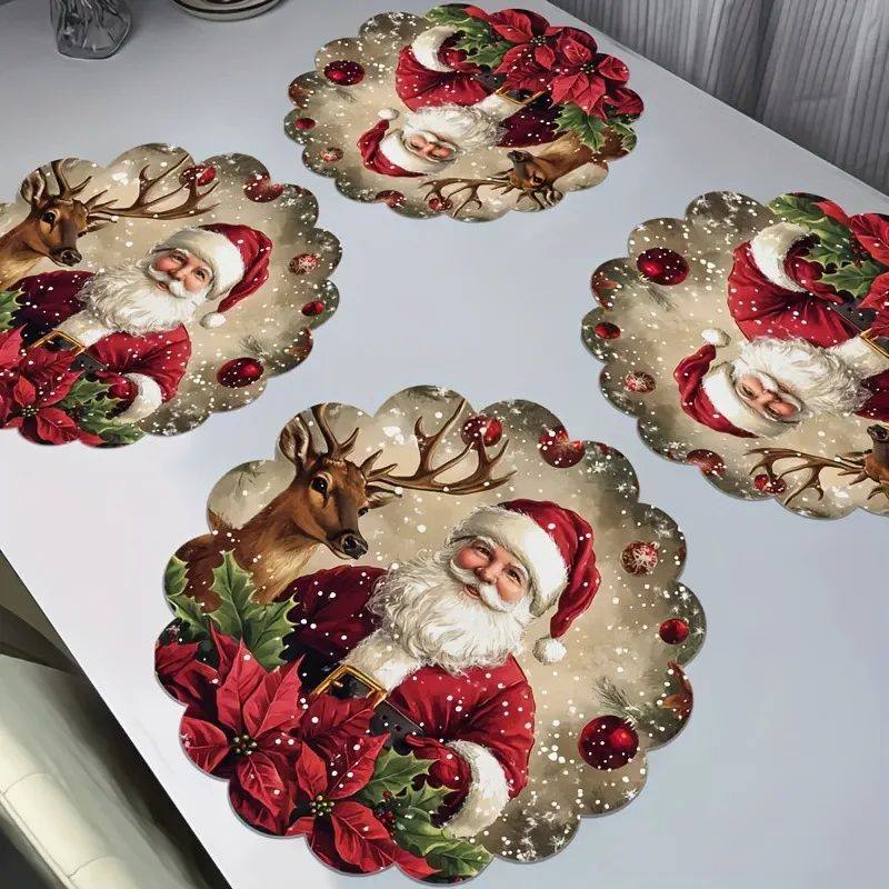 Round Christmas Placemat Cartoon Santa Claus Wreath Snowflak