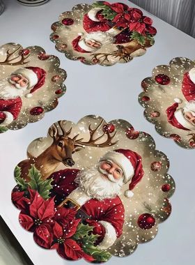 Round Christmas Placemat Cartoon Santa Claus Wreath Snowflak