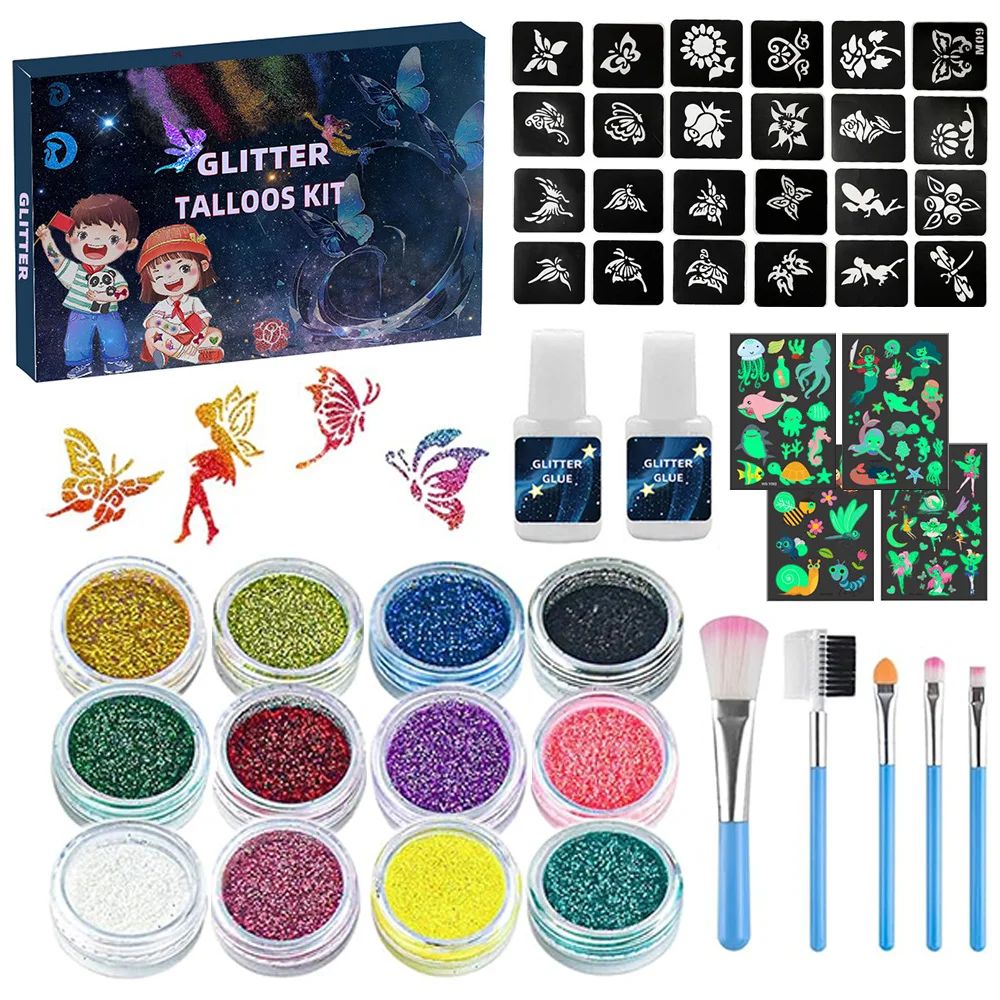12 Color Temporary Glitter Tattoo Kit for Kid with 24 Stenci