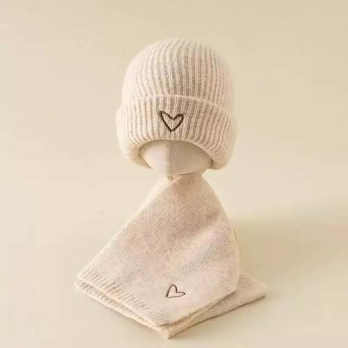 Solid Color Kids Knitted Hat Scarf Love Heart Embroidery Aut