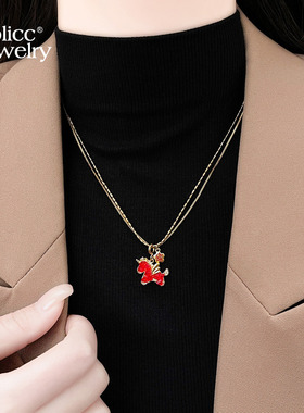 古里雅红色锆石小马项链高级感