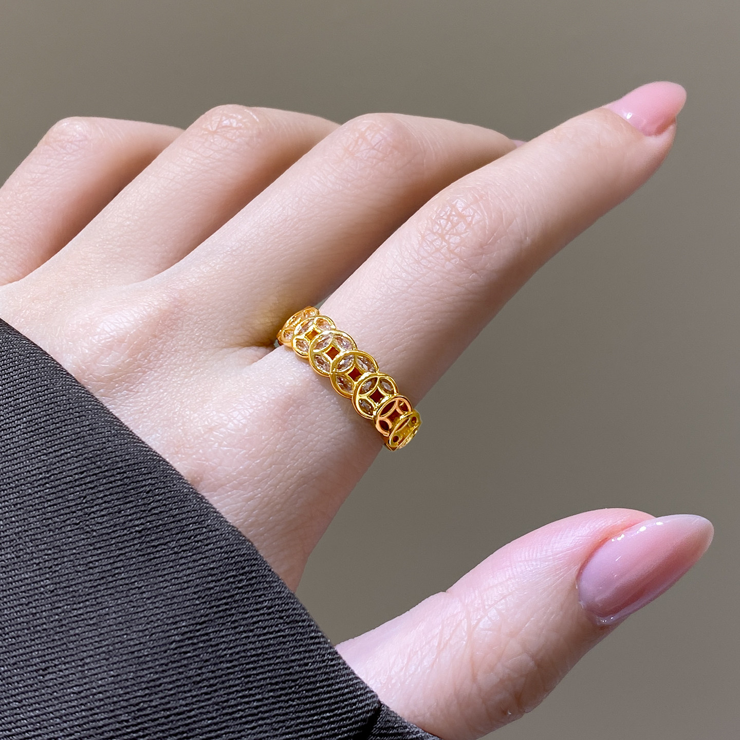 古里雅钱多多铜钱沙金戒指高级感