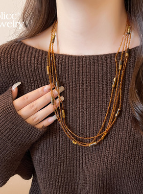 古里雅多层咖色水晶项链高级感