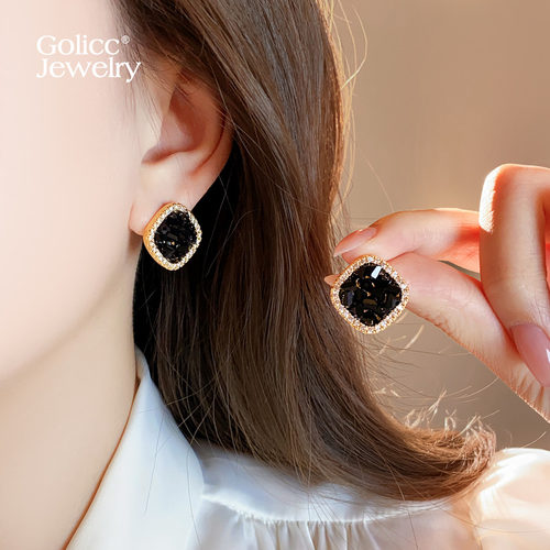 古里雅黑色方块锆石耳钉高级感