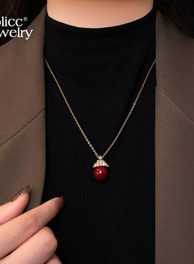 古里雅红色珍珠吊坠项链高级感