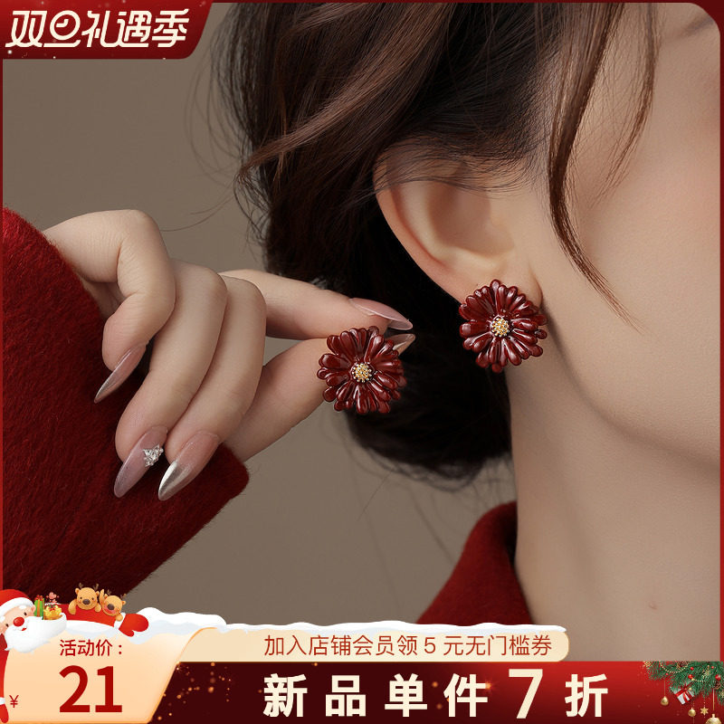 古里雅红色晕染花朵耳环高级感