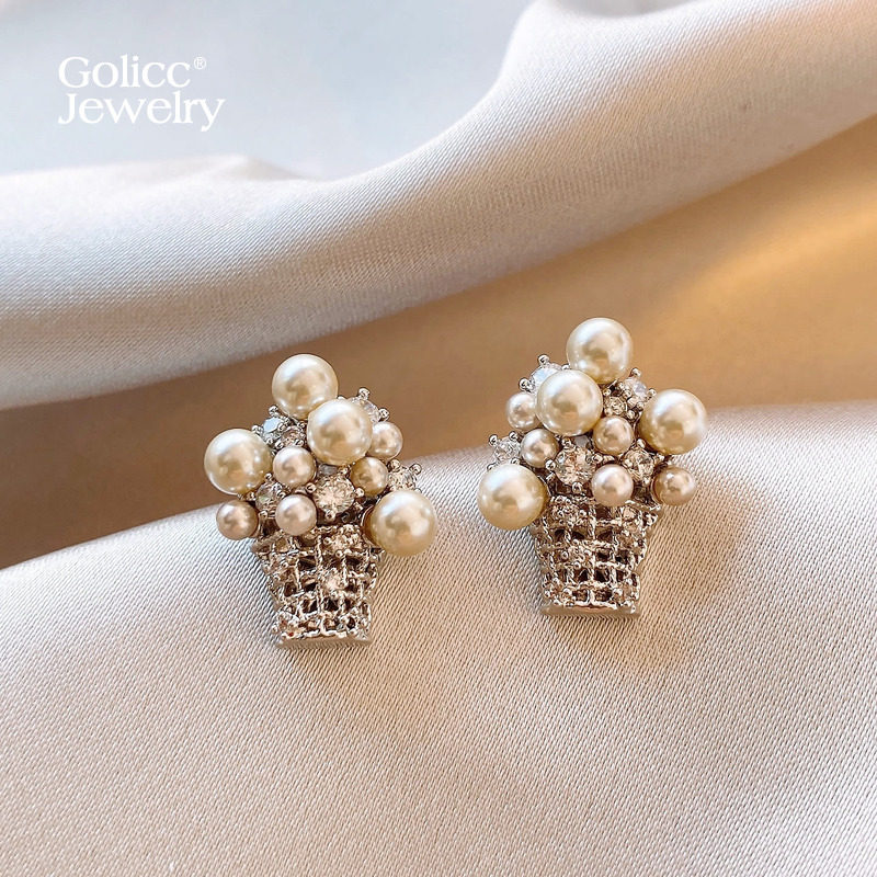 古里雅银色锆石珍珠耳钉高级感