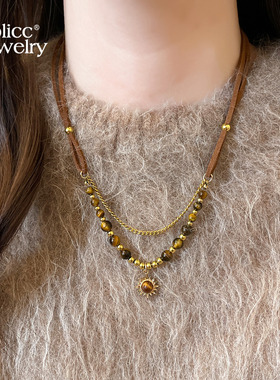 古里雅虎眼石串珠太阳项链高级感