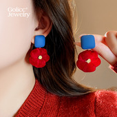 红色丝绒大花朵耳坠耳环女2026巨好看夸张耳钉独特漂亮耳饰过新年